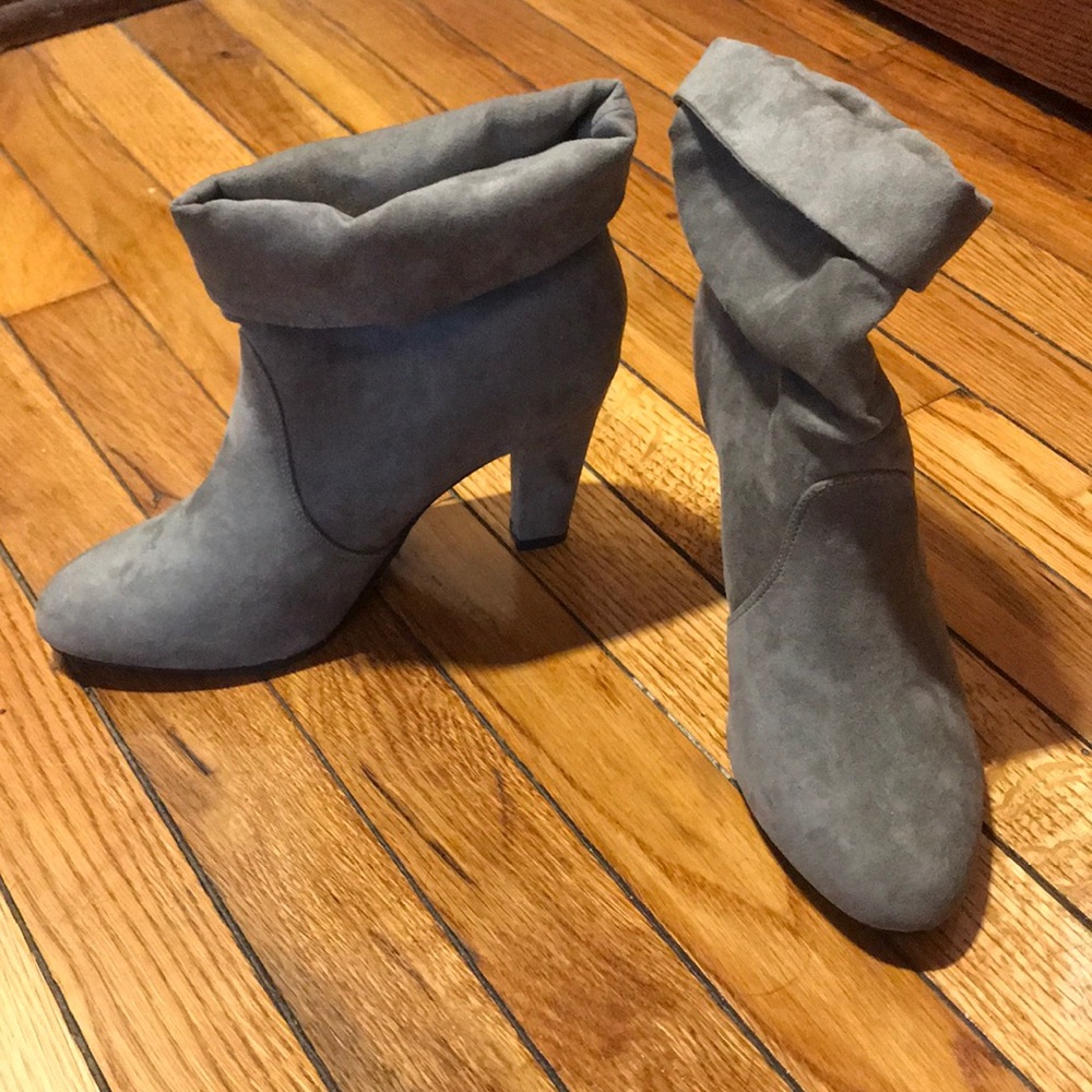 Gray suede boots.